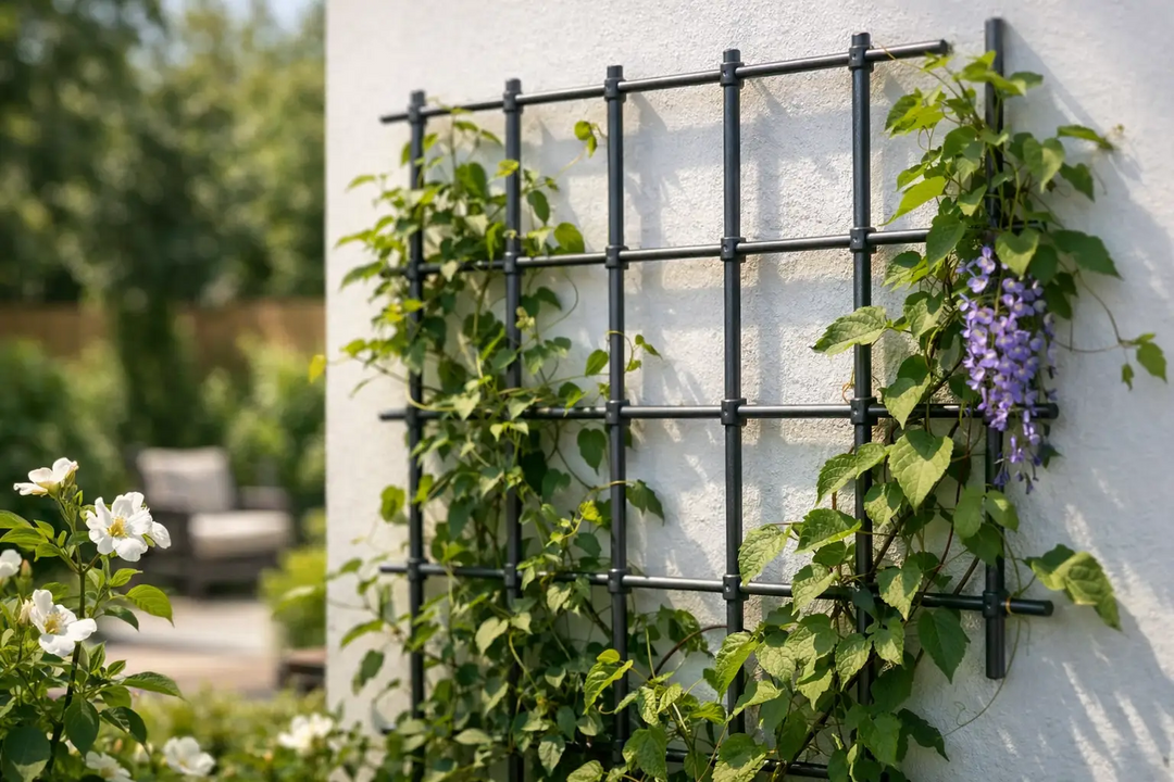 Das Foto zeigt ein modernes Metall-Gartenspalier, das an der Wand eines Gebäudes angebracht ist und an dem grüne Pflanzen mit violetten Blüten emporranken.
