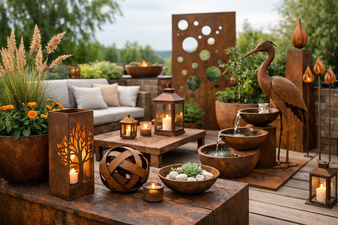 Terrasse mit Rostdeko gestalten leicht gemacht