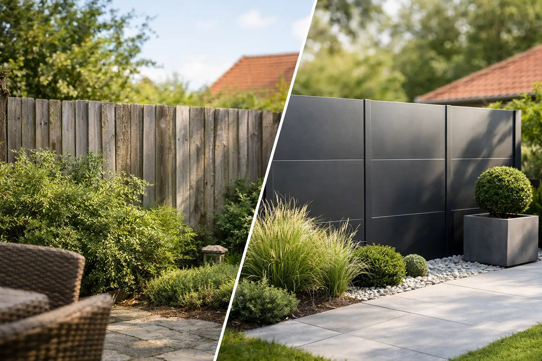 Vorher nachher beim Metall Sichtschutz im Garten