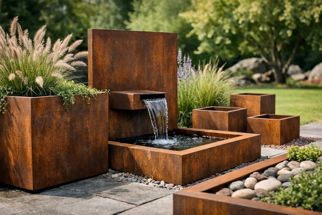 Das Foto zeigt einen modernen Gartenbrunnen und Pflanzgefäße aus Cortenstahl, die von Ziergräsern, Steinen und Grünpflanzen umgeben sind und so eine elegante, moderne Gartengestaltung ergeben.