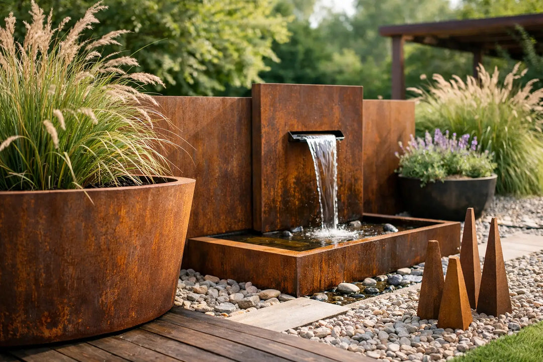Das Foto zeigt einen modernen Gartenbrunnen aus Cortenstahl, umgeben von Ziergräsern, Steinen und minimalistischen Dekorationen in einer eleganten Gartenanlage.