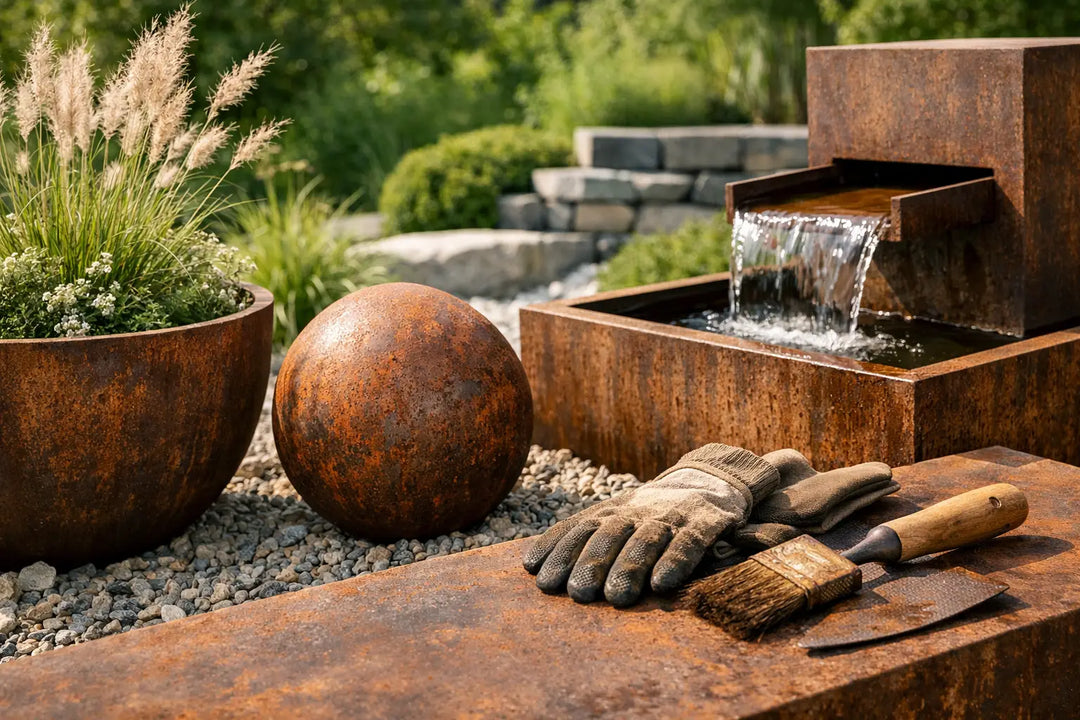 Das Foto zeigt eine moderne Gartengestaltung mit einem Springbrunnen, Blumentöpfen und einer dekorativen Kugel aus Cortenstahl, umgeben von Pflanzen, Steinen und Gartenaccessoires.