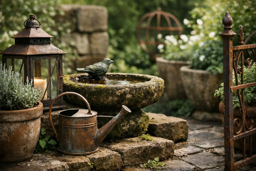 Das Foto zeigt eine rustikale Gartengestaltung mit einem Steinbrunnen, einer Gießkanne aus Metall, einer Laterne und dekorativen Elementen, umgeben von Grünpflanzen und Naturstein.
