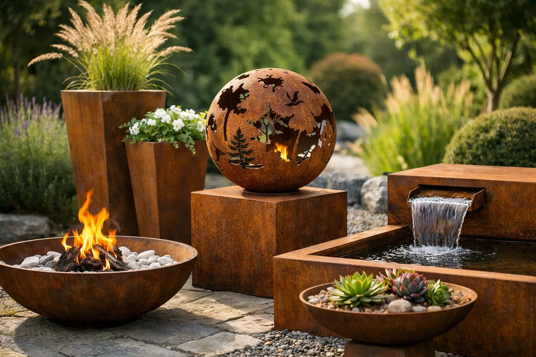 Das Foto zeigt eine moderne Gartengestaltung mit Dekorationen aus Cortenstahl, darunter ein Brunnen, ein Kamin, eine Zierkugel und Pflanztöpfe, die einen eleganten Entspannungsbereich im Freien schaffen.