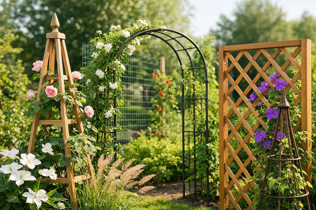 Das Foto zeigt dekorative Stützen und Gartenspaliere, die mit blühenden Kletterpflanzen bewachsen sind und so ein romantisches und natürliches Bild eines grünen Gartens ergeben.