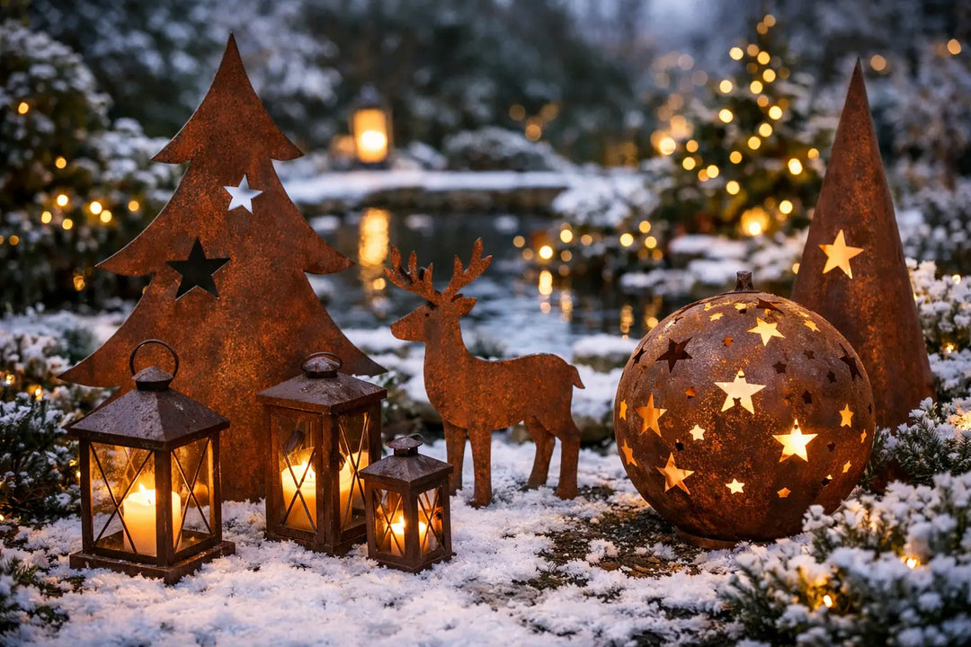 Das Foto zeigt weihnachtliche Gartendekorationen aus Cortenstahl in Form eines Weihnachtsbaums, Rentieren und einer dekorativen Kugel, umgeben von Laternen und Schnee, die eine stimmungsvolle Winterlandschaft schaffen.