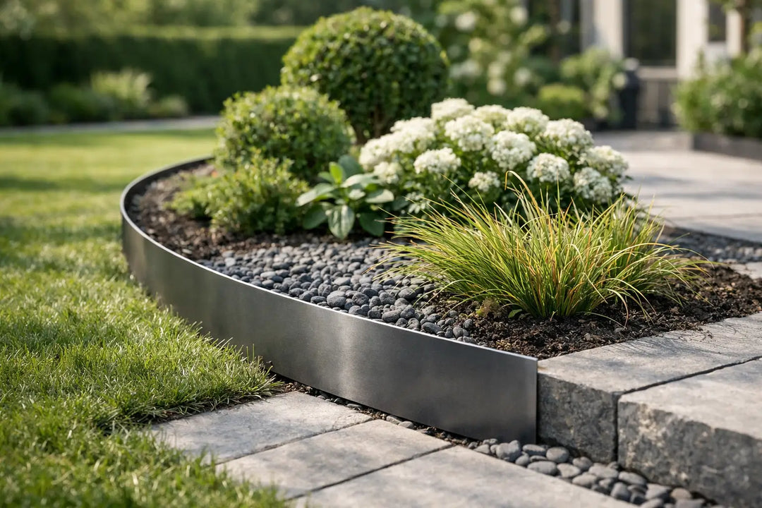 Das Foto zeigt ein modernes Gartenbeet mit Ziergräsern, Sträuchern und weißen Blumen, das durch eine elegante Metalleinfassung vom Rasen abgetrennt ist.