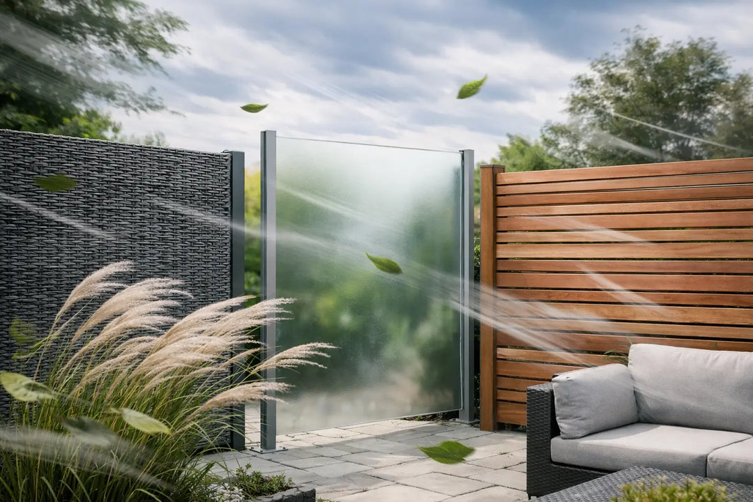 Das Foto zeigt moderne Gartensichtschutzwände und -paneele aus verschiedenen Materialien, die den Entspannungsbereich vor Wind schützen und gleichzeitig eine elegante Terrassen- und Gartengestaltung ermöglichen.