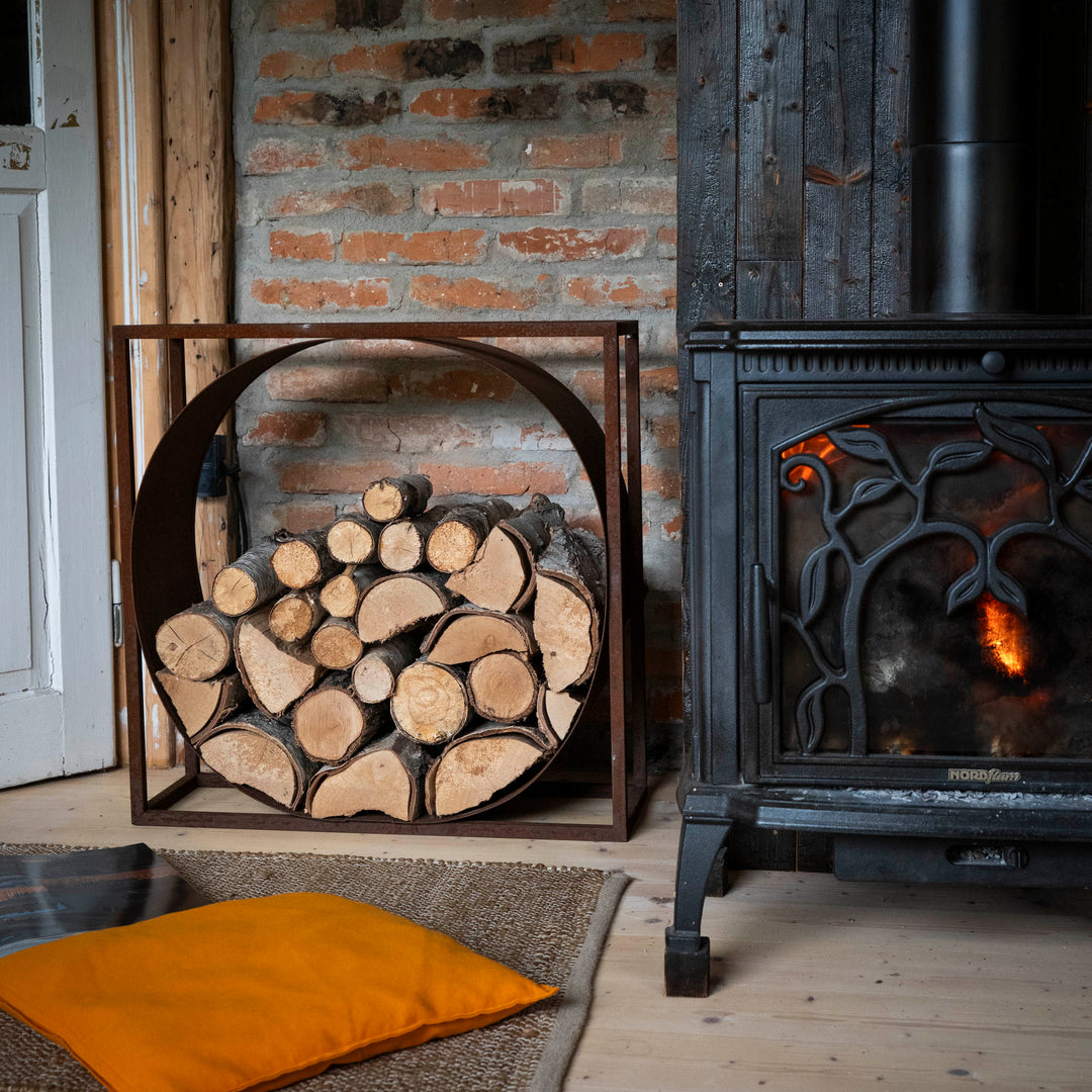 Kaminholzständer aus Metall – rechteckig mit Kreis – Holzregal aus Stahl 75x70 x35 cm
