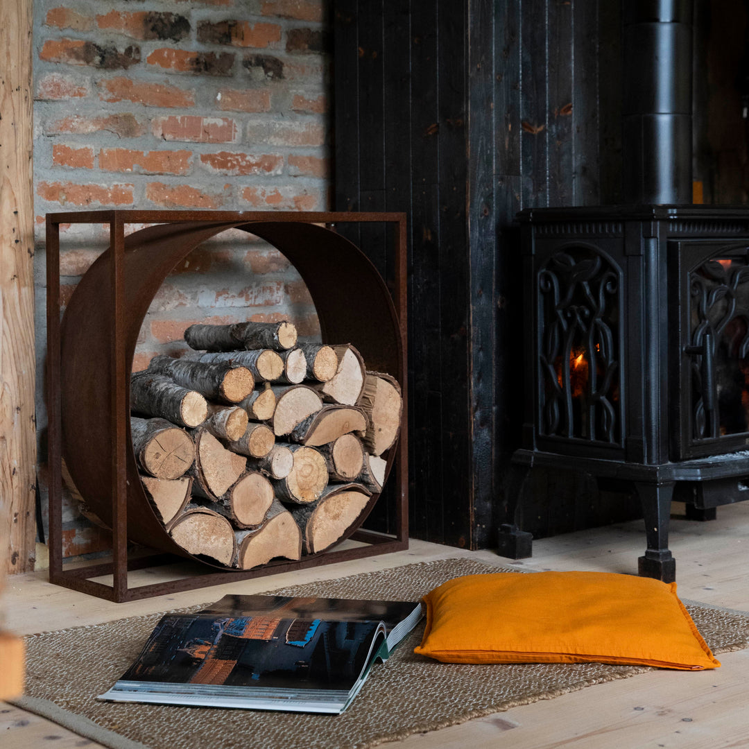 Kaminholzständer aus Metall – rechteckig mit Kreis – Holzregal aus Stahl 75x70 x35 cm