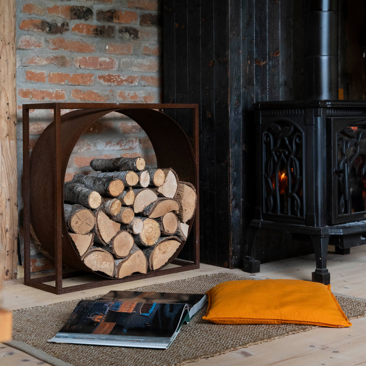 Kaminholzständer aus Metall – rechteckig mit Kreis – Holzregal aus Stahl 75x70 x35 cm