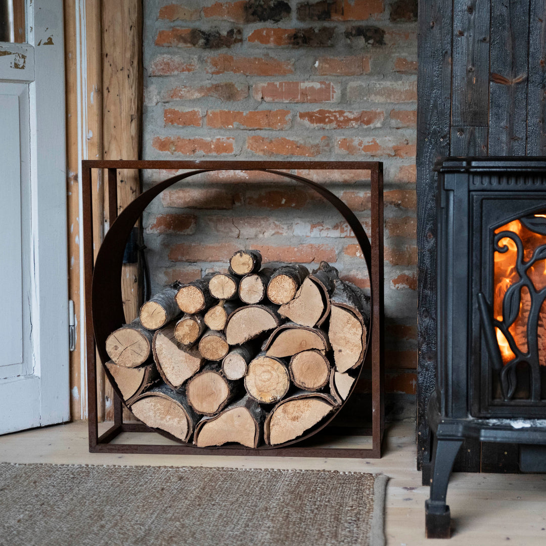 Kaminholzständer aus Metall – rechteckig mit Kreis – Holzregal aus Stahl 75x70 x35 cm