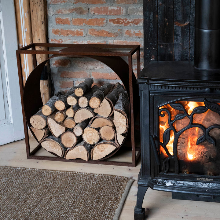 Kaminholzständer aus Metall – rechteckig mit Kreis – Holzregal aus Stahl 75x70 x35 cm