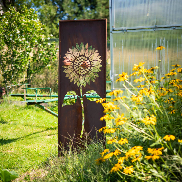 Sichtschutz Gartenpaneel Metall – Motiv Sonnenblume, 160 × 50 cm