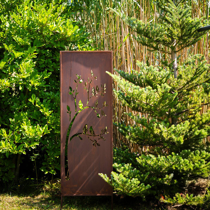 Sichtschutz Gartenpaneel Metall – Motiv Vögel im Baum, 160 × 50 cm