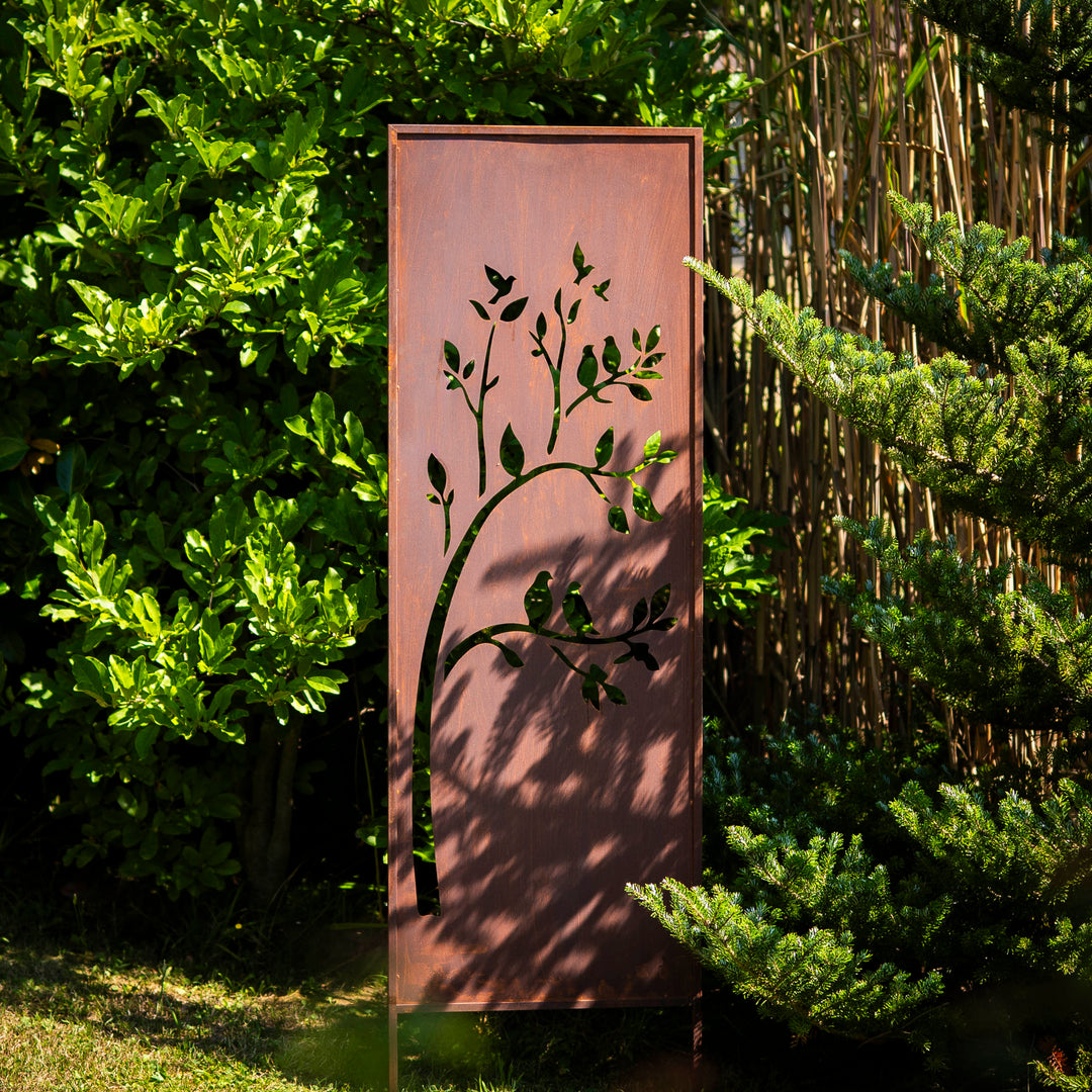 Sichtschutz Gartenpaneel Metall – Motiv Vögel im Baum, 160 × 50 cm