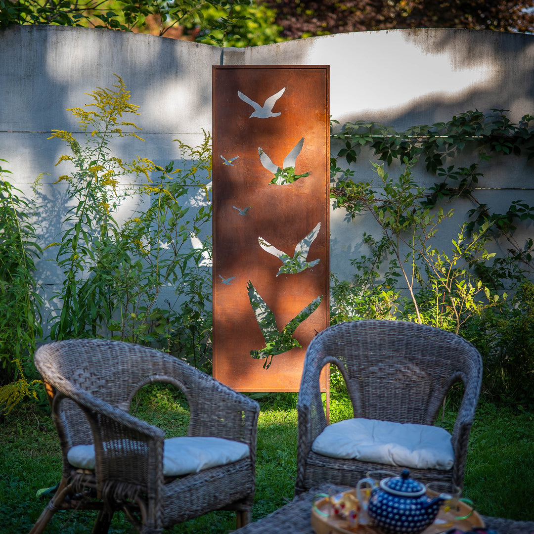 Sichtschutz Gartenpaneel Metall – Motiv Möwen, 160 × 50 cm