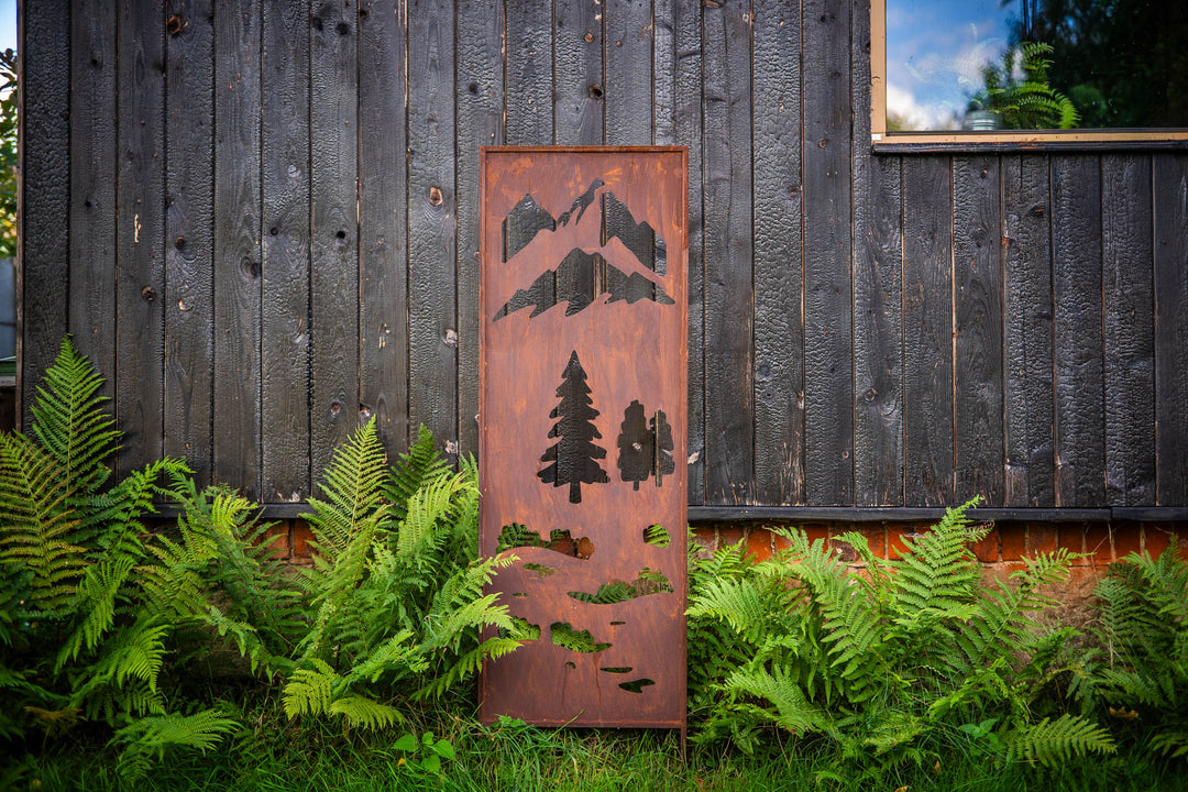 Sichtschutz Gartenpaneel Metall – Motiv Wiese und Berge, 160 × 50 cm