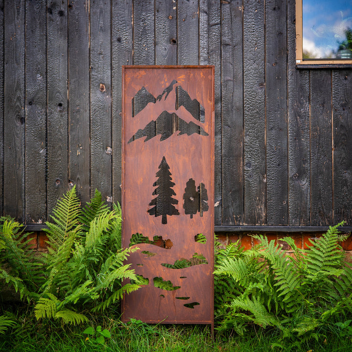 Sichtschutz Gartenpaneel Metall – Motiv Wiese und Berge, 160 × 50 cm
