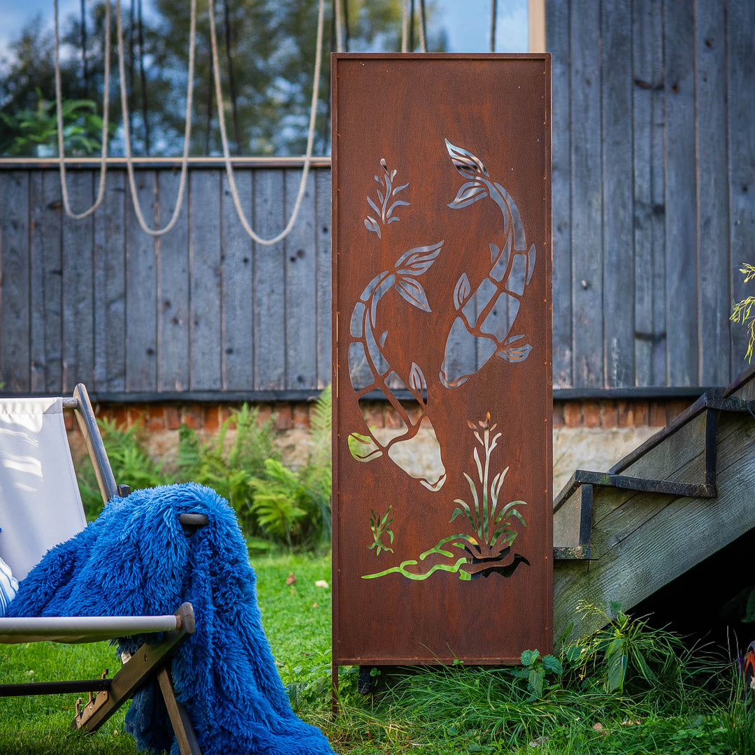 Sichtschutz Gartenpaneel Metall – Motiv Fisch, 160 × 50 cm