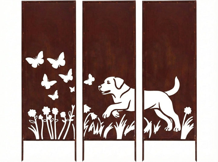 3er-Set Sichtschutz Gartenpaneel Metall – Motiv Hund, 160 × 50 cm