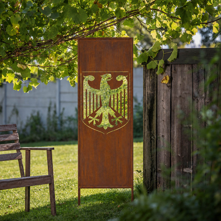 Sichtschutz Gartenpaneel Metall – Motiv Wappen mit einem Adler, 160 × 50 cm