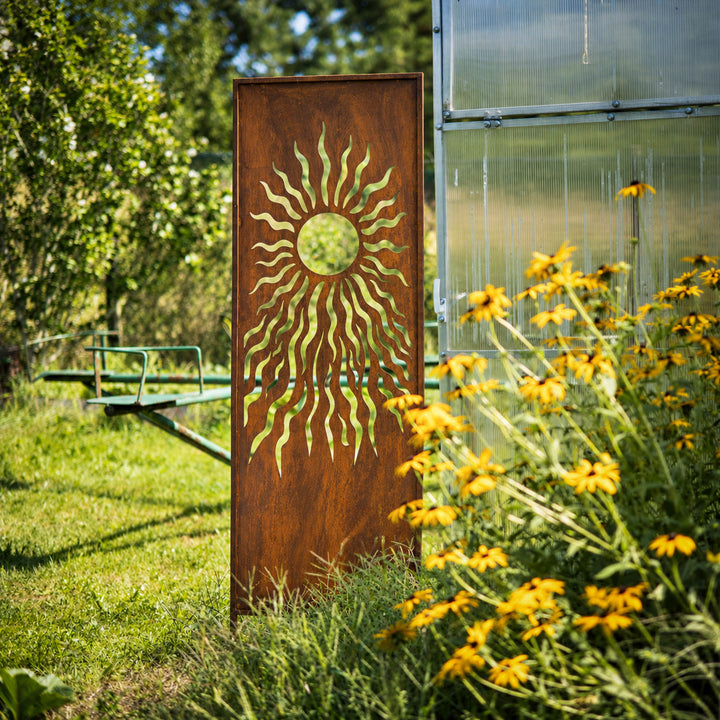 Sichtschutz Gartenpaneel Metall – Motiv Sonne, 160 × 50 cm