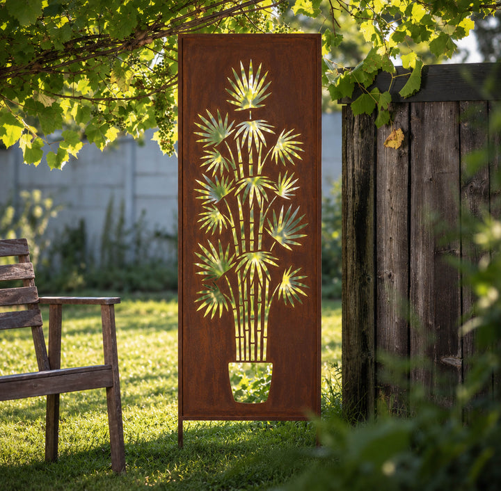 Sichtschutz Gartenpaneel Metall – Motiv Bambus im Kübel - (hohe Variante), 160 × 50 cm