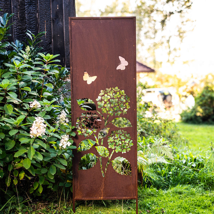 Sichtschutz Gartenpaneel Metall – Motiv Hortensien mit Schmetterlingen, 160 × 50 cm