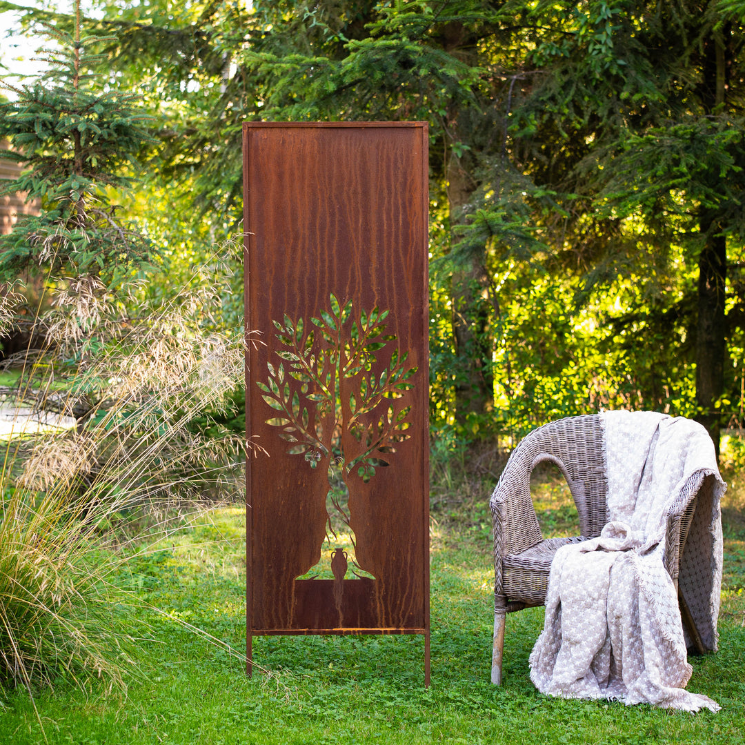 Sichtschutz Gartenpaneel Metall – Motiv Olivenbaum, 160 × 50 cm