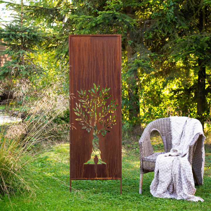 Sichtschutz Gartenpaneel Metall – Motiv Olivenbaum, 160 × 50 cm