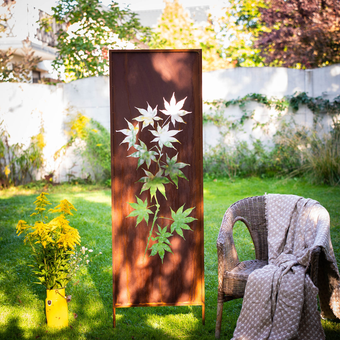 Sichtschutz Gartenpaneel Metall – Motiv Fächer-Ahorn, 160 × 50 cm