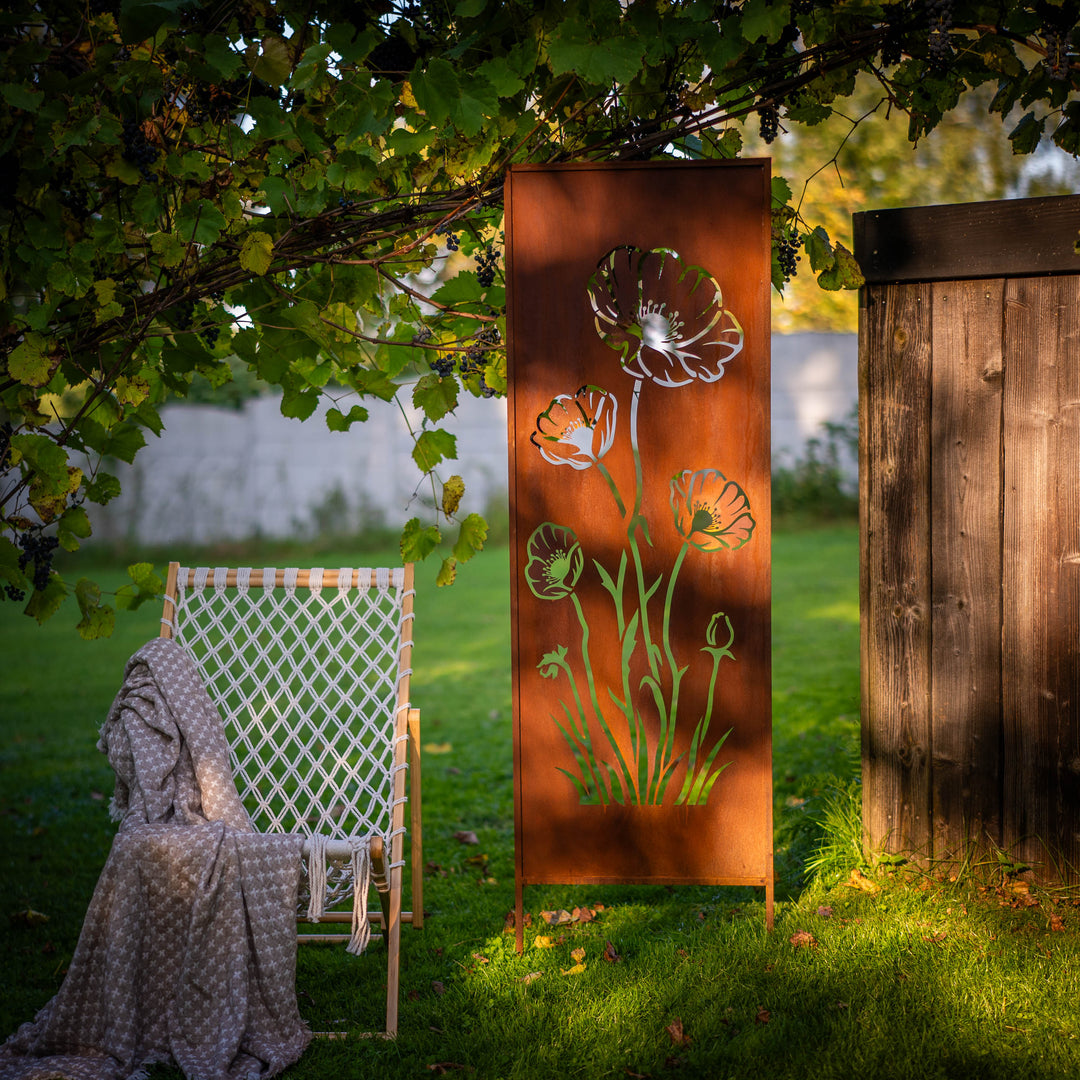 Sichtschutz Gartenpaneel Metall – Motiv Mohn, 160 × 50 cm