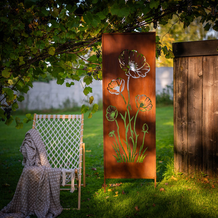 Sichtschutz Gartenpaneel Metall – Motiv Mohn, 160 × 50 cm