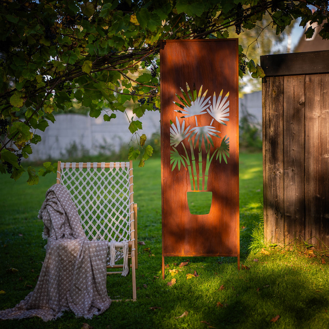 Sichtschutz Gartenpaneel Metall – Motiv Bambus im Kübel - (niedrige Variante), 160 × 50 cm
