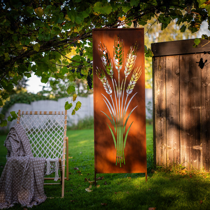 Sichtschutz Gartenpaneel Metall – Motiv Getreidegarbe, 160 × 50 cm
