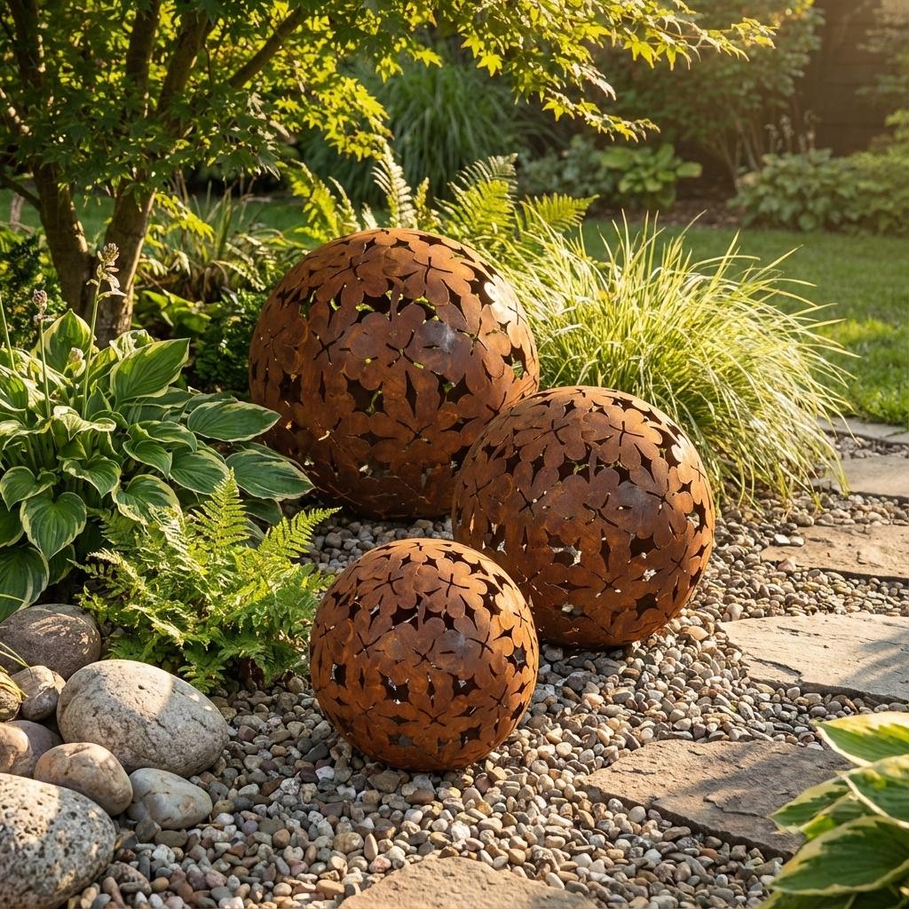 Gartenkugel "Kleeblatt" – Rost-Deko aus Stahl mit Kleeblatt-Ornament
