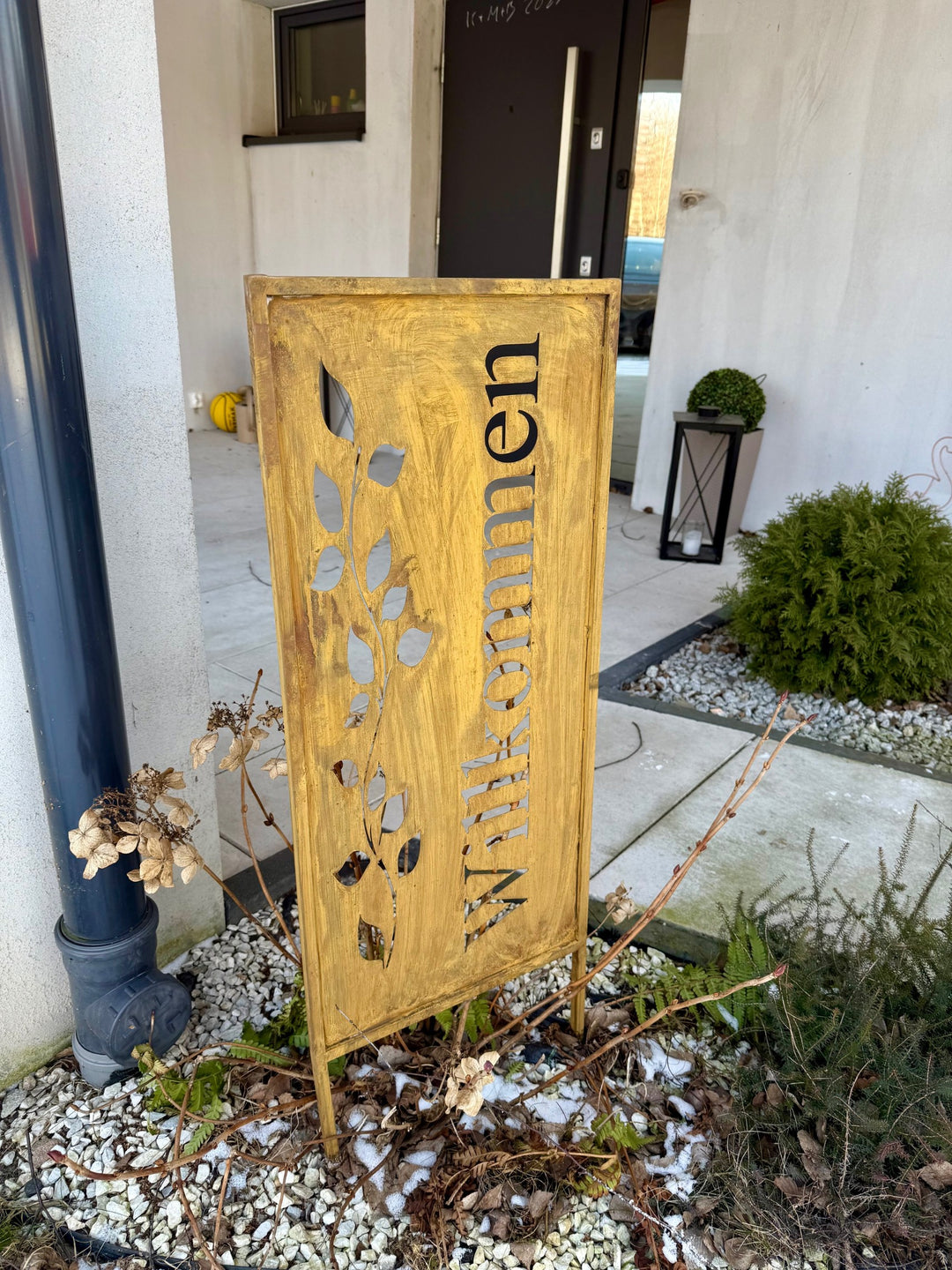 Sichtschutz Gartenpaneel Metall – Rostoptik, 100 cm Willkommen