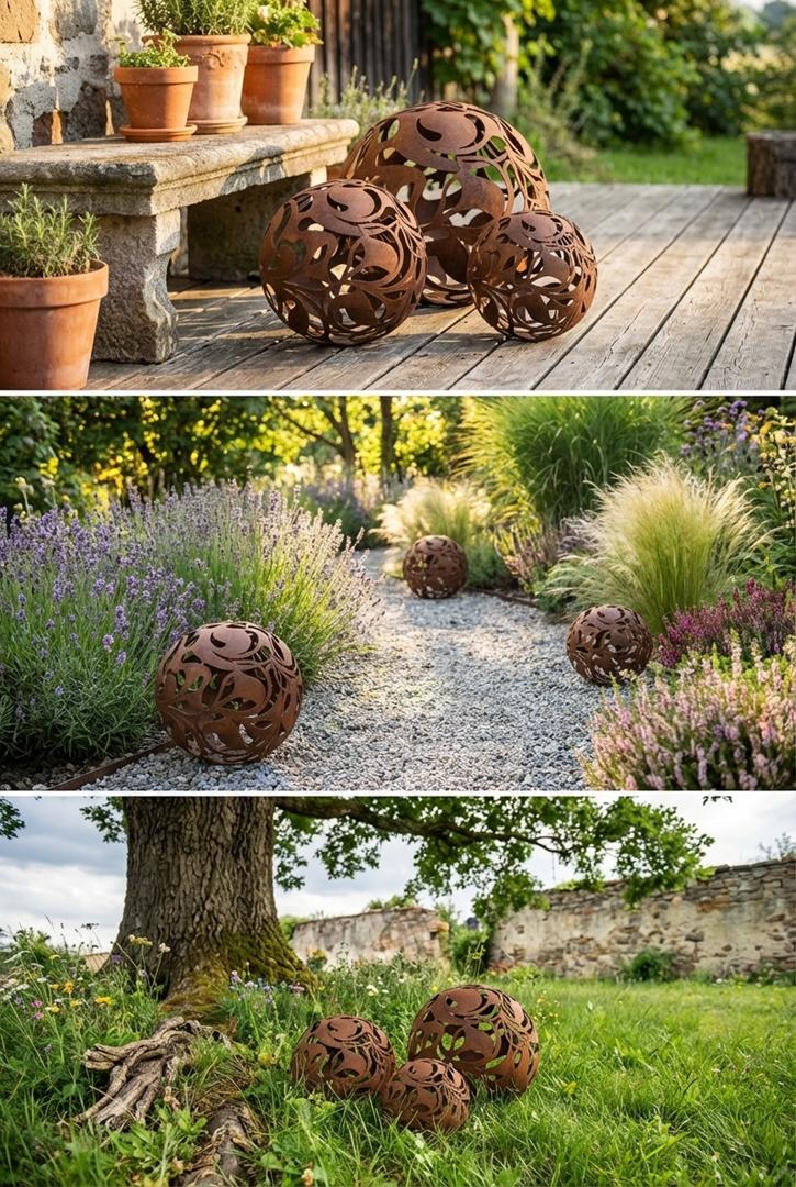 Gartenkugel "Florales Ornament" – Rost-Deko aus Stahl mit Blattmuster