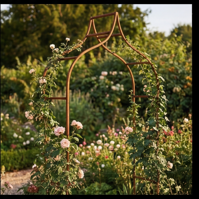 Eleganter Gartenbogen in natürlicher Rostoptik für strukturierte, blühende...
