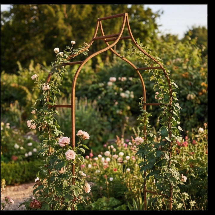 Eleganter Gartenbogen in natürlicher Rostoptik für strukturierte, blühende...