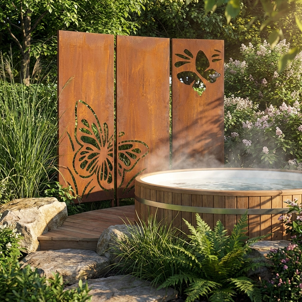 3er-Set Sichtschutz Gartenpaneel Metall – Motiv Schmetterlinge, 160 × 50 cm