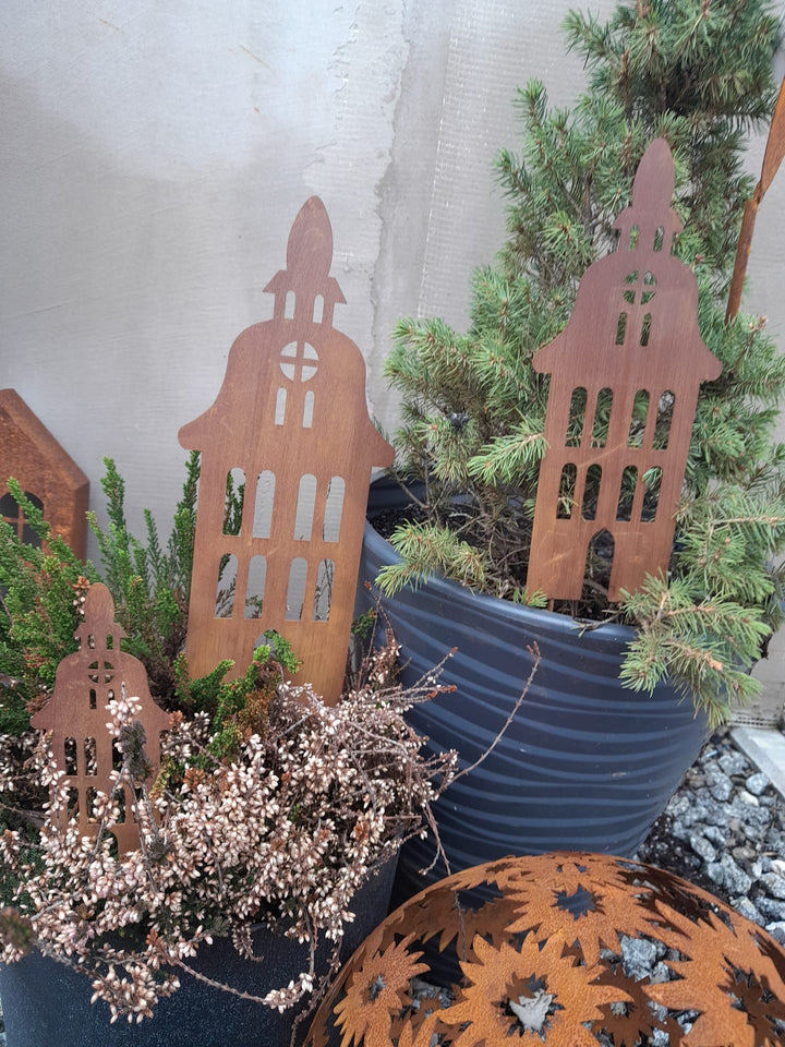 Set of Rusty Metal Garden Stakes - Houses