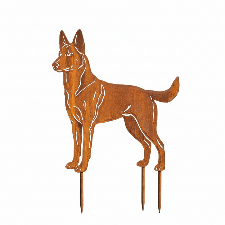 Edelrost Gartenstecker Belgischer Schäferhund (Malinois) – Hundesilhouette aus Metall, 37 cm