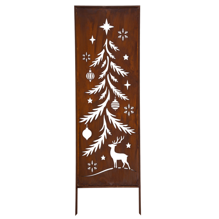 Sichtschutz Gartenpaneel Metall – Motiv Tannenbaum mit Hirsch, 160 × 50 cm