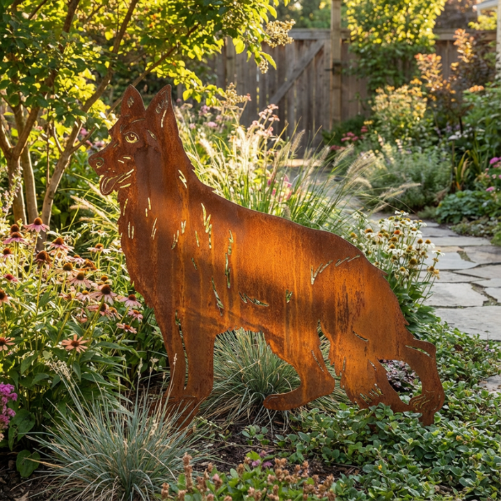 Edelrost Gartenstecker Deutscher Schäferhund – Hundesilhouette aus Metall, 48 cm