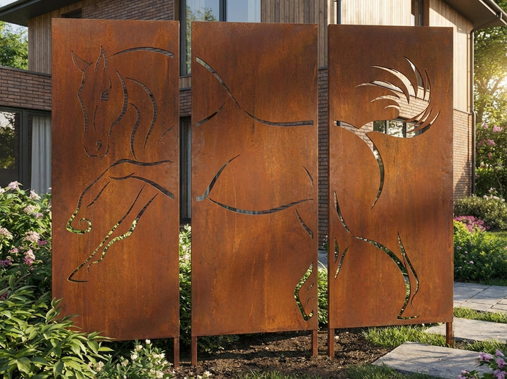 3er-Set Sichtschutz Gartenpaneel Metall – Motiv Pferd, 160 × 50 cm
