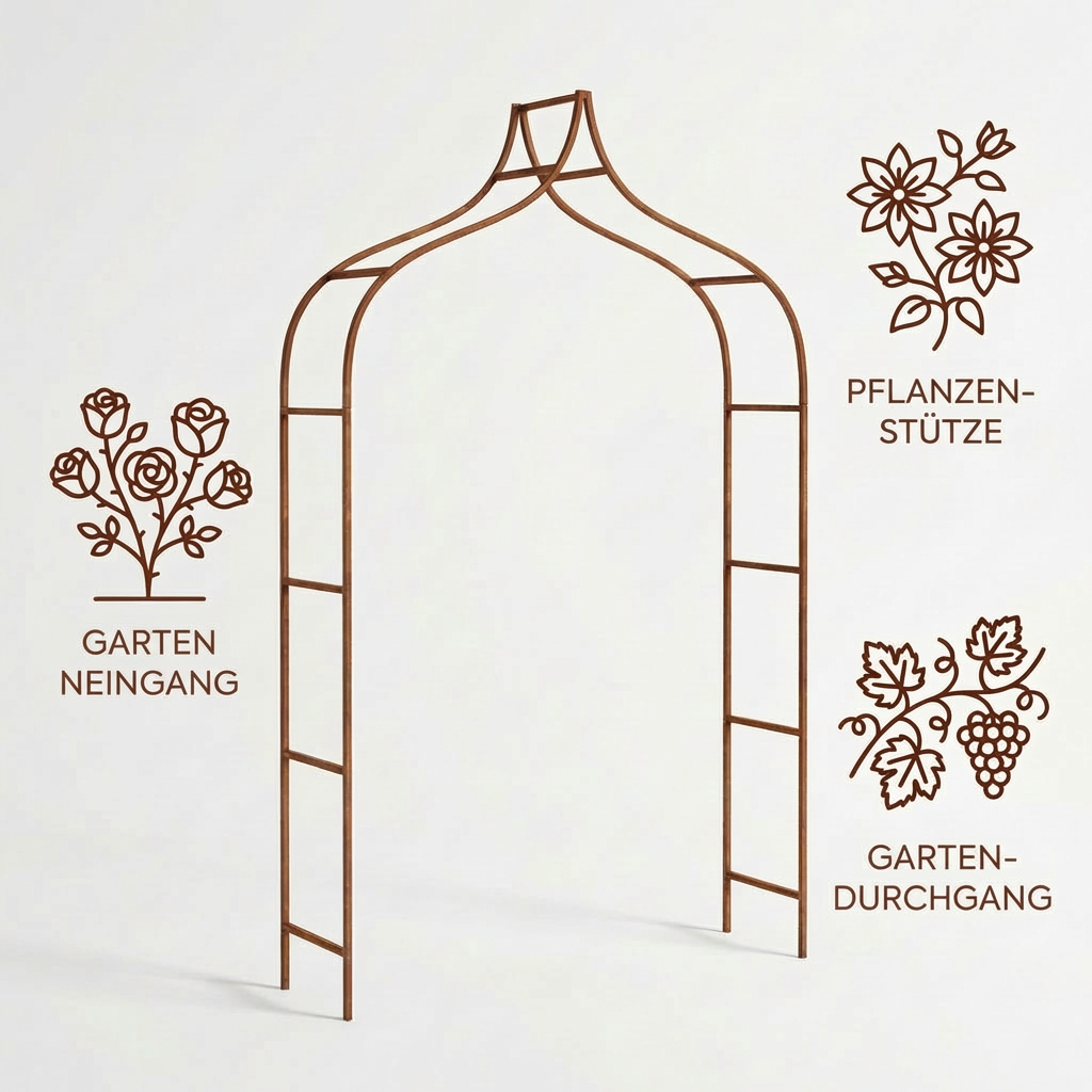 Eleganter Gartenbogen in natürlicher Rostoptik für strukturierte, blühende...