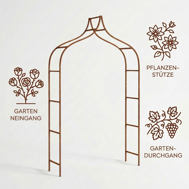 Eleganter Gartenbogen in natürlicher Rostoptik für strukturierte, blühende...
