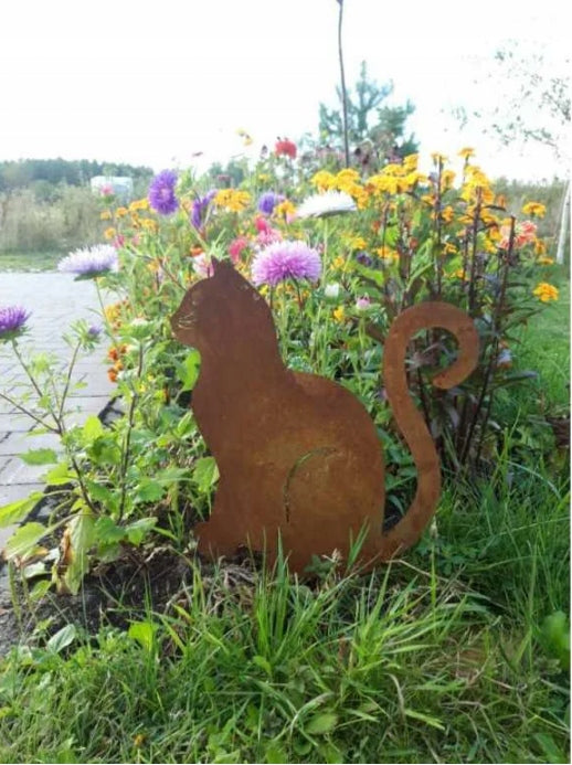 Edelrost Gartenfigur Katze – Metallfigur auf Einschlagbeinen, 30 cm